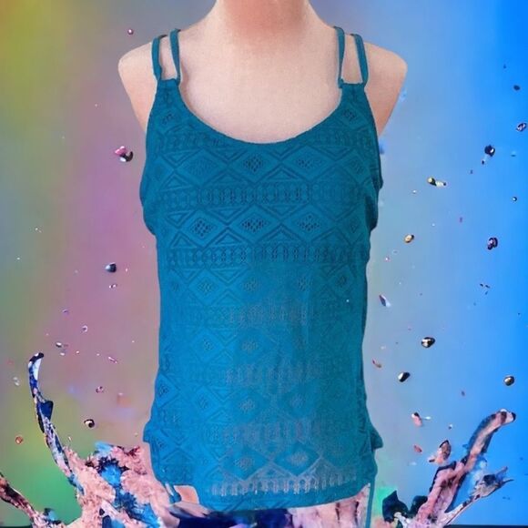 HULA HONEY NWT BLUE TEAL  CROCHET FLOUNCE TANKINI BATHING SUIT WEAR TOP XL - Picture 1 of 8